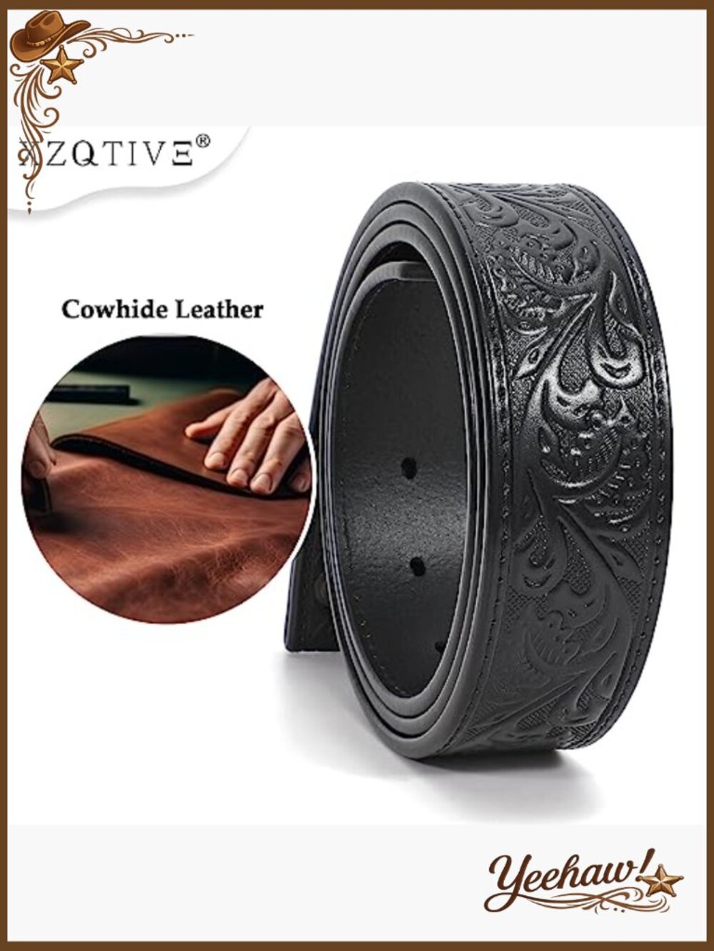 Genuine Leather Western Belt with Rhinestone Buckle for Women Men - Picture 6 of 7
